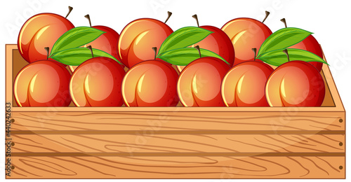 Many peaches in wooden crate isolated on white background