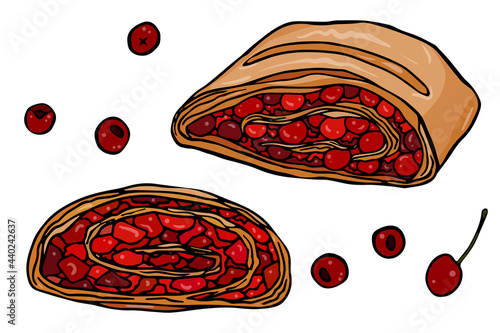 Illustration slices Viennese cherry strudel. Sketch doodle style.