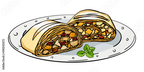 Slices Viennese apple strudel black outline on white background.