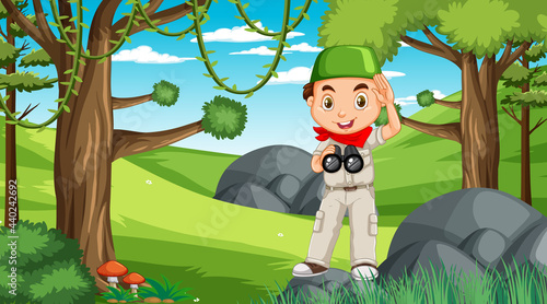Nature scene with a muslim boy cartoon character exploring in the forest