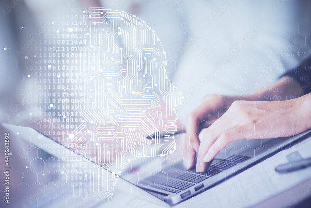 Double exposure of woman hands working on computer and brain hologram drawing. Ai concept. Double exposure of woman hands working on computer and brain hologram drawing. Ai concept.