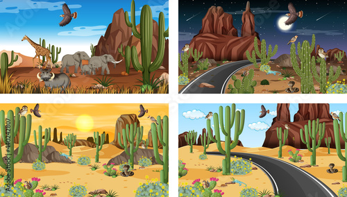 Different scenes with desert forest landscape with animals and plants © blueringmedia