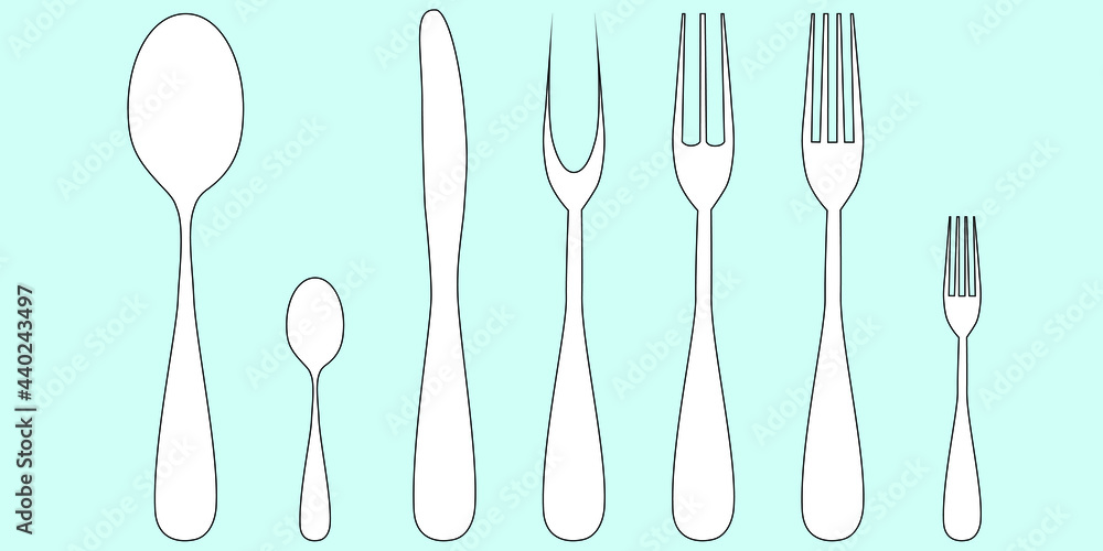 Vector drawing of a set of cutlery knife, fork, spoon. In black and white on a white isolated background. Vector drawing of a set of cutlery knife, fork, spoon. In black and white on a white isolated background.