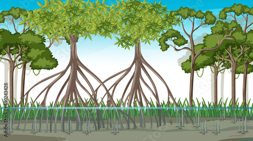 Nature scene with Mangrove forest at daytime in cartoon style