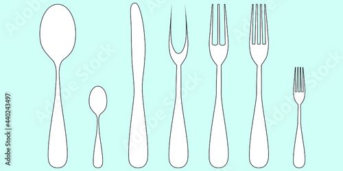 Vector drawing of a set of cutlery knife, fork, spoon. In black and white on a white isolated background. 