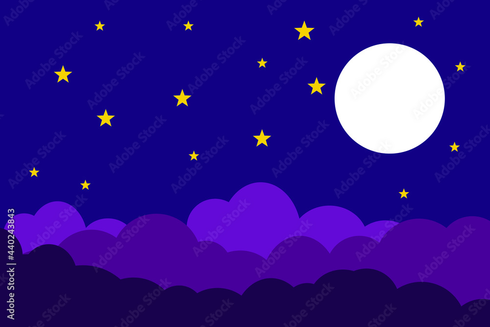 Flat style illustration white moon, yellow stars and violet clouds background design. Good to use for banner, social media template, poster and flyer template, etc. Flat style illustration white moon, yellow stars and violet clouds background design. Good to use for banner, social media template, poster and flyer template, etc.