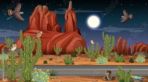 Desert forest landscape at night scene with desert animals and plants
