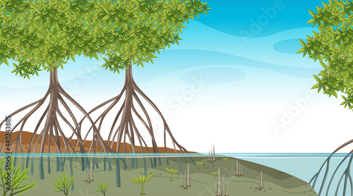 Nature scene with Mangrove forest at daytime in cartoon style