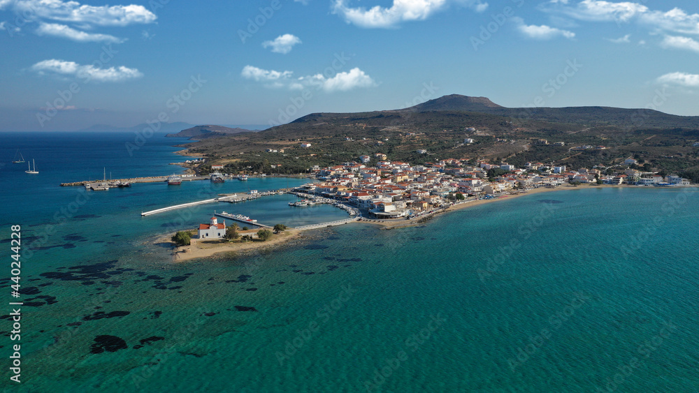 Aerial drone photo of picturesque seaside main village of Elafonisos island, Lakonia, Peloponnese, Greece