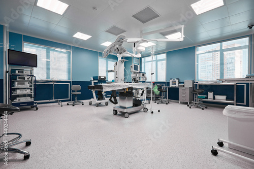 Operating room with modern equipment, spacious bright operating room, operating unit ready for surgery