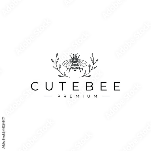 Simple Cute Animal Bee With Leaves Drawing Logo Illustration Vector Template Icon
