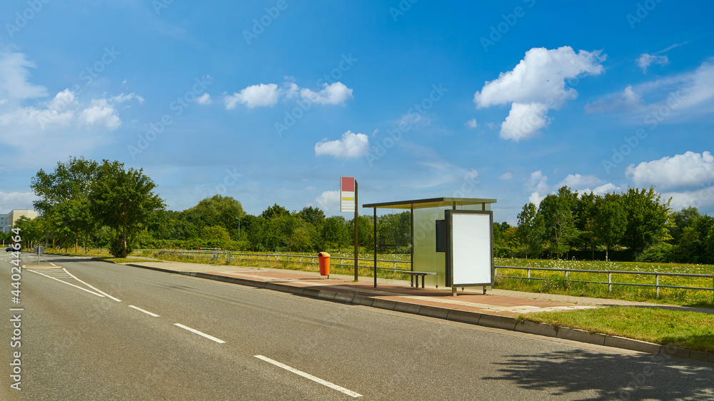 Street with bus stop and advertising space mock-up Street with bus stop and advertising space mock-up