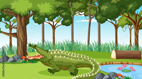 A crocodile in forest at daytime scene with many trees