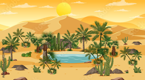 Desert forest landscape at sunset scene with oasis