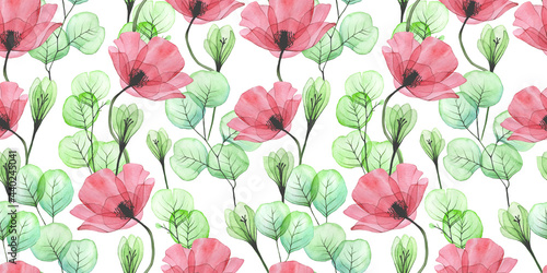 watercolor seamless pattern with transparent flowers. pink poppy flowers, green eucalyptus leaves and phlox flowers isolated on white background. delicate print for fabric, wallpaper.