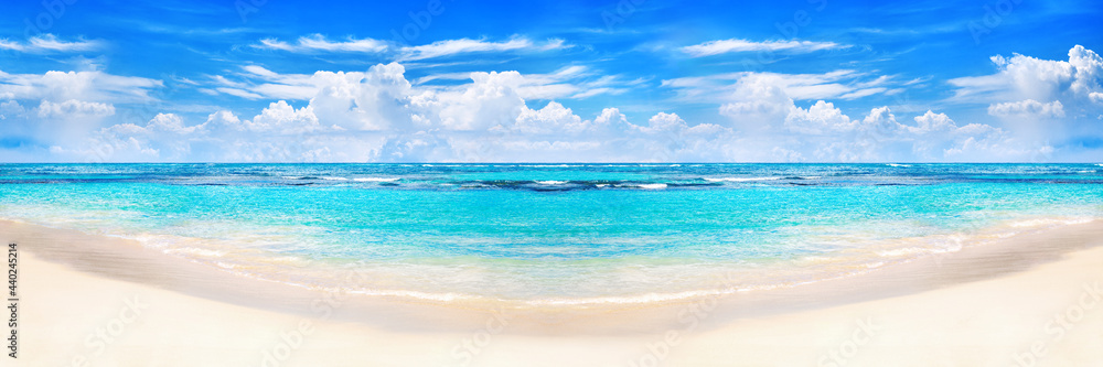 Beautiful tropical beach panorama, exotic island landscape, turquoise sea water, ocean waves, yellow sand, blue sunny sky, white clouds, hot summer holidays, vacation, Caribbean travel, Maldives view