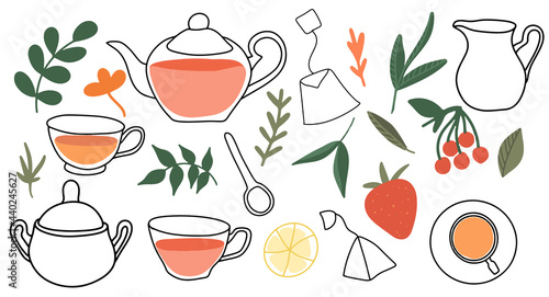 Afternoon tea party, a collection of elements of the tea ceremony, a bag, a sugar bowl, a milk jug, a spoon, a cup and many berries and sprigs, fruit supplements, herbal drink in a mug