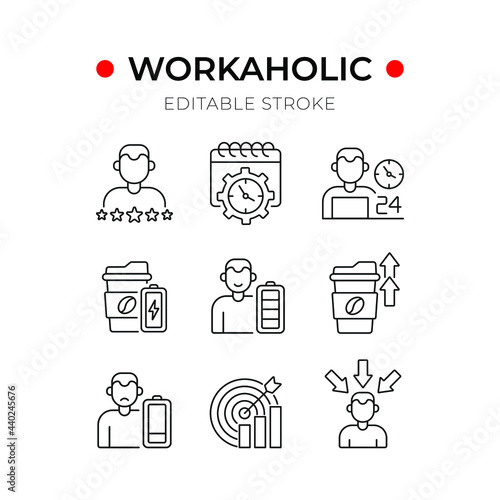 Workaholic linear icons set. Thin line customizable illustration. Contour symbol. Vector isolated outline drawing. Editable stroke