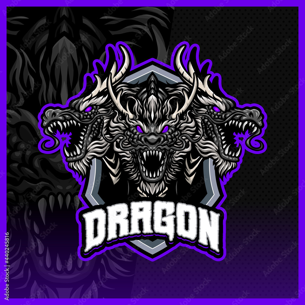 Dragon mascot esport logo design illustrations vector template, Three head Beast logo for team game streamer youtuber banner twitch discord