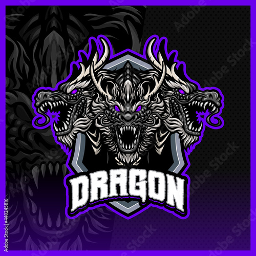 Dragon mascot esport logo design illustrations vector template, Three head Beast logo for team game streamer youtuber banner twitch discord
