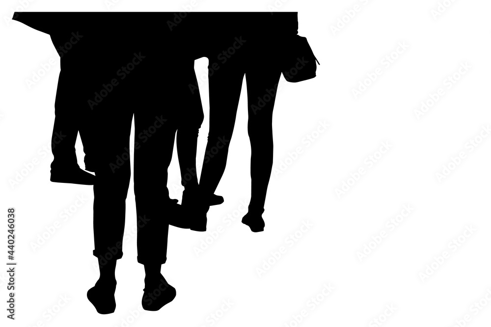 Black Silhouette of a group of standing people. Man and woman chatting while standing. Lower body. Business, communication, teamwork. Black Silhouette of a group of standing people. Man and woman chatting while standing. Lower body. Business, communication, teamwork.