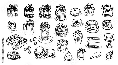  Pastries cakes cupcakes vector graphics engraving sketch. hand drawn picture sweet food menu cooking dough sweets. print textile logo background 