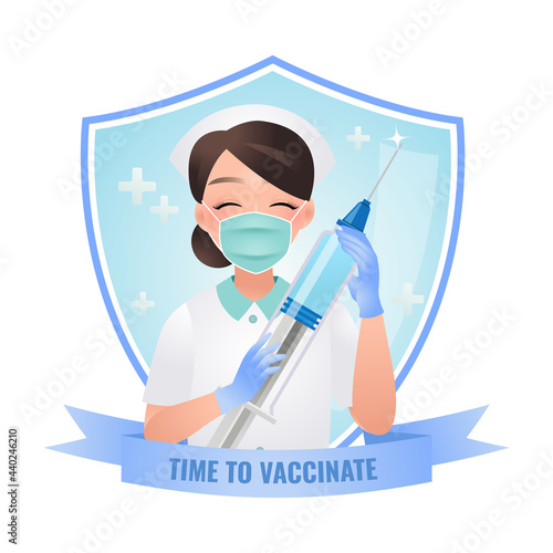 Cute nurse holding a huge syringe. Time to vaccinate for covid-19 concept. 