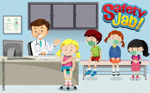 Many kids waiting in queue to get vaccine with a doctor cartoon character in hospital scene