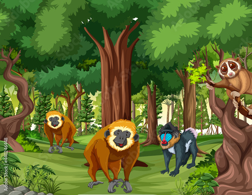 Tropical rainforest scene with various wild animals