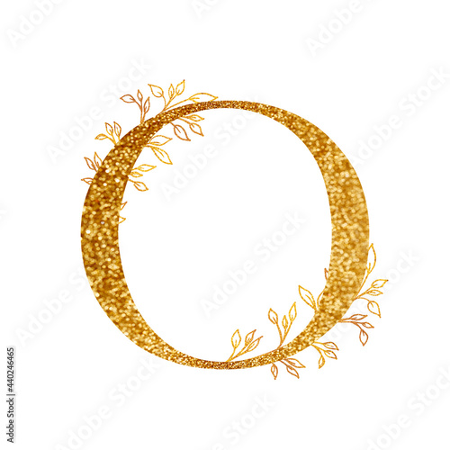 Gold Branch and alphabet - letter O with gold twigs composition.Gold alphabet letter on white background. A logo design element for a collection of T-shirts.