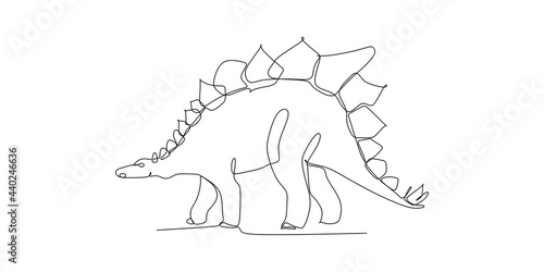 Single continuous line drawing of Stegosaurus. Prehistoric animal mascot concept for dinosaurs theme amusement park icon.