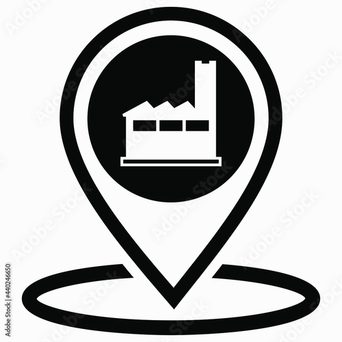 Factory location icon. Factory picture. Dirty production. Exhausts to the atmosphere. Vector icon.