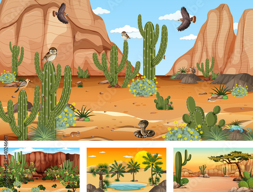 Different scenes with desert forest landscape with animals and plants