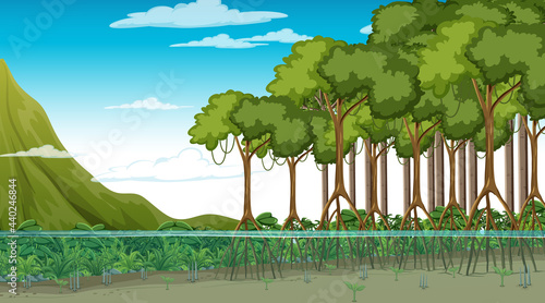 Nature scene with Mangrove forest at daytime in cartoon style