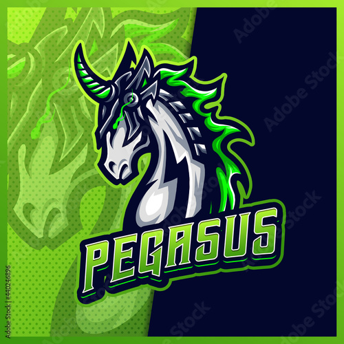 green pegasus horse mascot esport logo design illustrations vector template, Mustang logo for team game streamer youtuber banner twitch discord, full color cartoon style