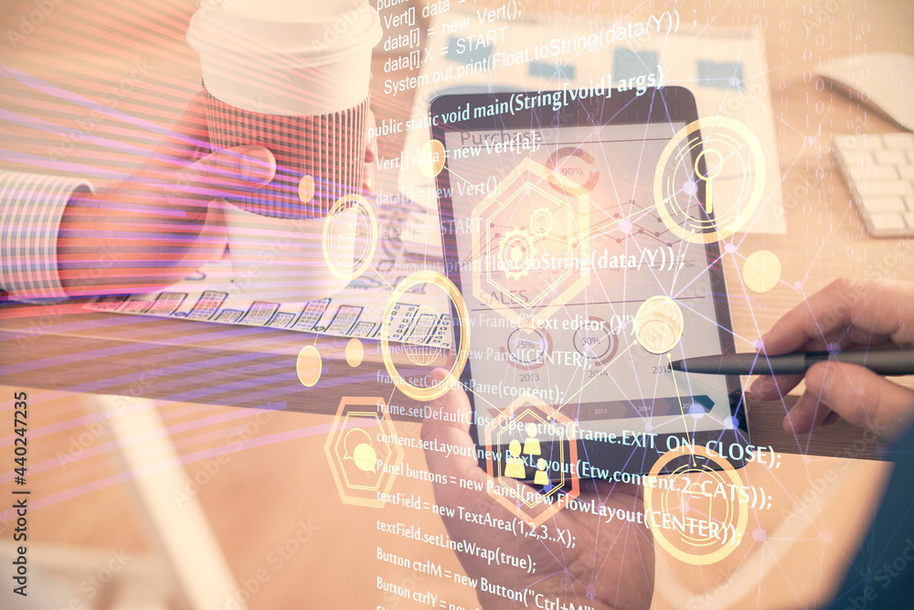 Multi exposure of man's hands holding and using a digital device and data theme drawing. Innovation concept. Multi exposure of man's hands holding and using a digital device and data theme drawing. Innovation concept.