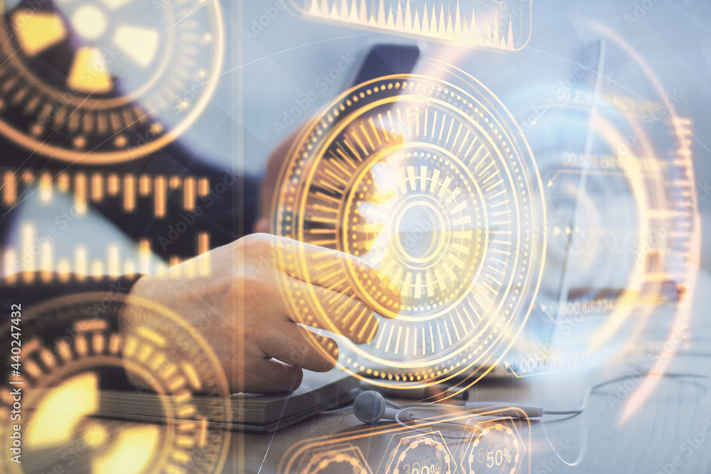 Double exposure of man's hands holding and using a digital device and tech theme hologram drawing. Technology concept. Double exposure of man's hands holding and using a digital device and tech theme hologram drawing. Technology concept.