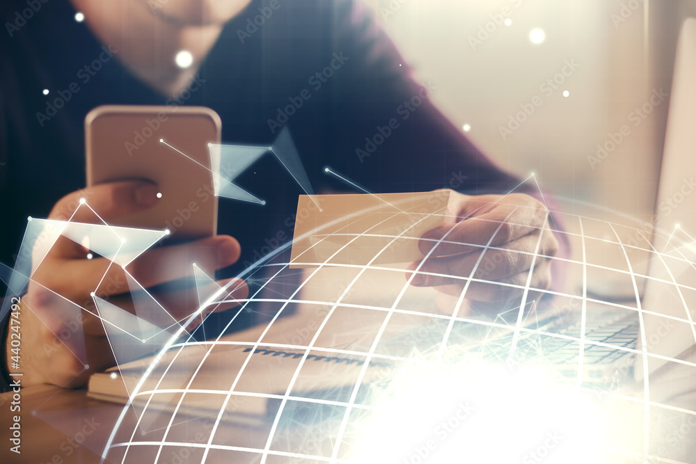 Naklejka premium Multi exposure of man's hands holding and using a digital device and map drawing. International business concept.