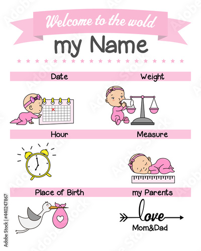 Baby birth print. Baby data template at birth. Weight, measurement, place, time and day of birth