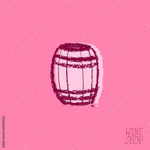 Wine barrel drawing. Winery sign template. Hand drawn pencil illustration for Wine shop and store symbol with crayon texture. Emblem for vineyard, insignia biodynamic wines, grape festival, bar logo.