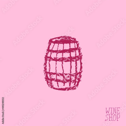 Wine barrel drawing. Winery sign template. Hand drawn pencil illustration for Wine shop and store symbol with crayon texture. Emblem for vineyard, insignia biodynamic wines, grape festival, bar logo.