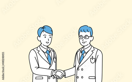 握手をする白衣を着た男性　医者　科学者　研究員　支援　協力　イラスト素材