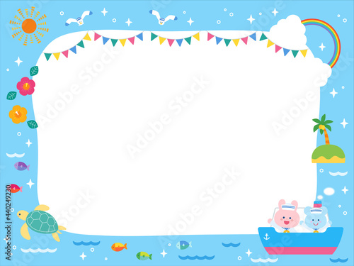 夏の海と船と動物たち　かわいいフレーム