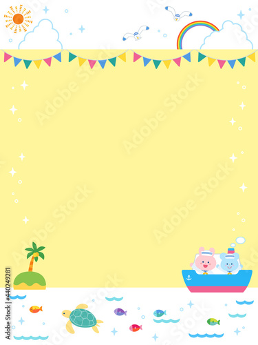 夏の海と船と動物たち　かわいいフレーム