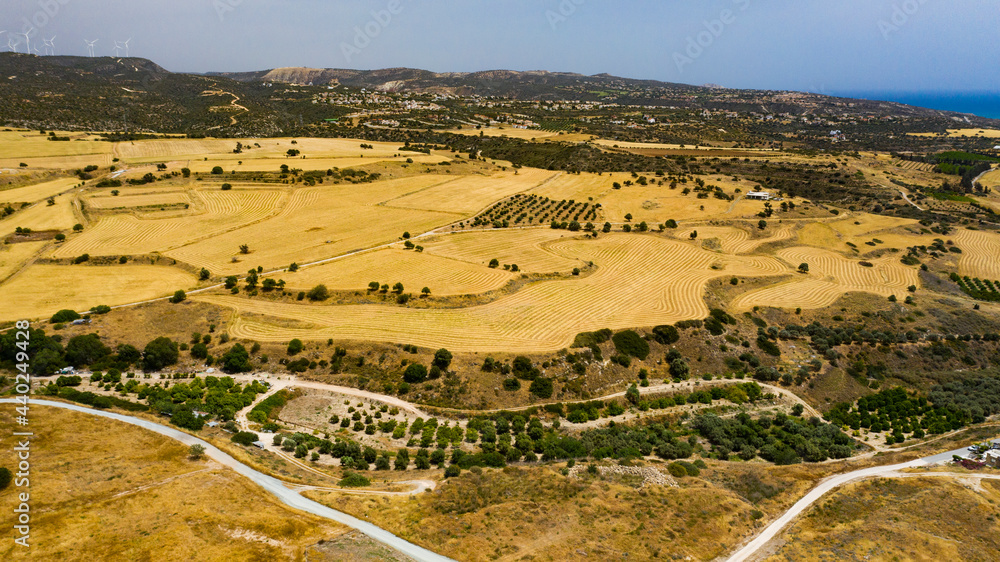Naklejka premium panoramic view of Cyprus road along coastline and small villages, aerial photography of popular tourist destination. clear sky