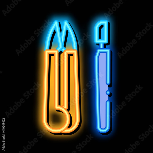leather craft instruments neon light sign vector. Glowing bright icon leather craft instruments sign. transparent symbol illustration