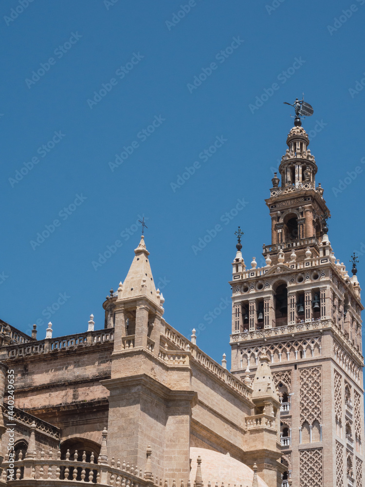 View of the Giralda bell tower of Seville Cathedral