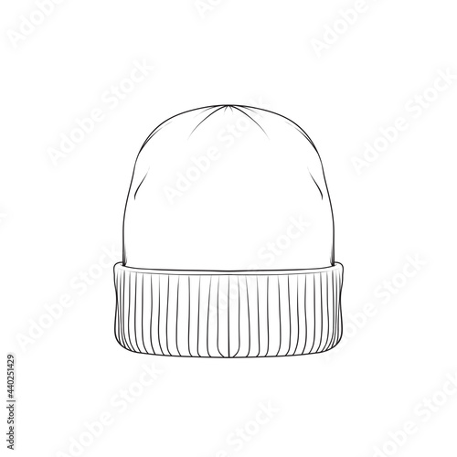 beanie hat outline drawing vector, beanie hat in a sketch style,beanie hat trainers template outline, vector Illustration.