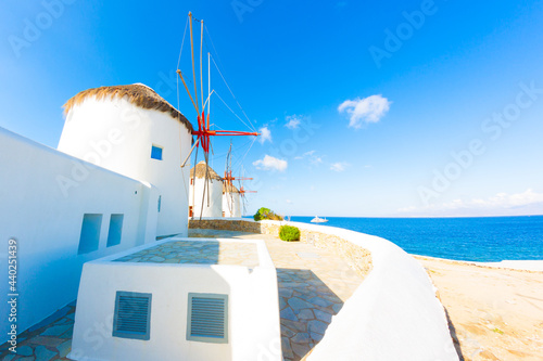 Windmills sideview Mykonos Island Greece Cyclades