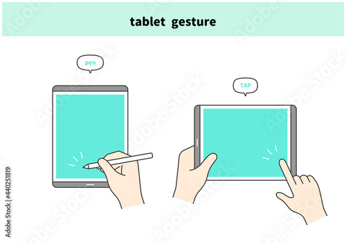 タブレット　タッチペンを持つ手　操作　イメージ　イラスト　カラー